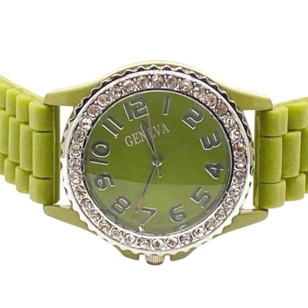 NWOT Geneva Japan Movement Water Resistant Khaki Green Silicone band Watch - Picture 1 of 5
